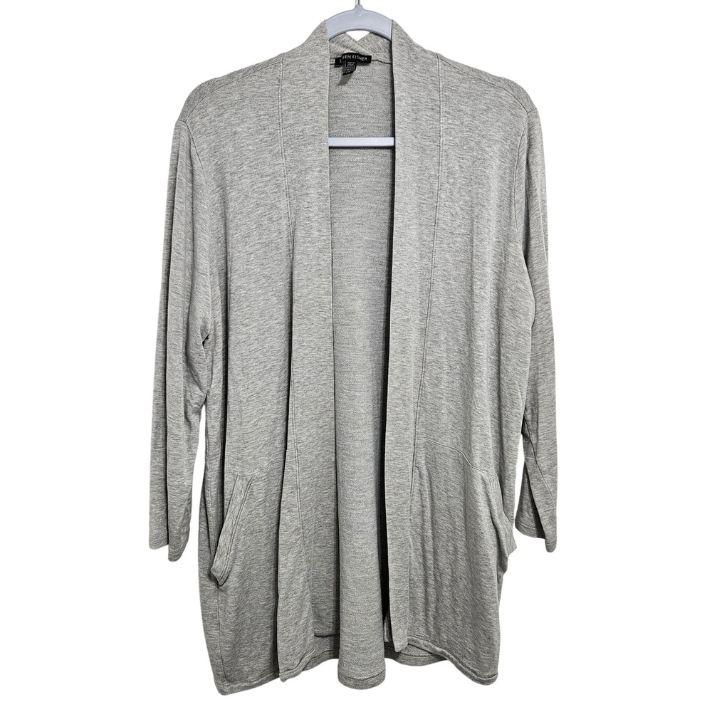 Eileen Fisher Tencel Open Cardigan‎ Pockets Lagenlook Minimalist Relaxed Gray L